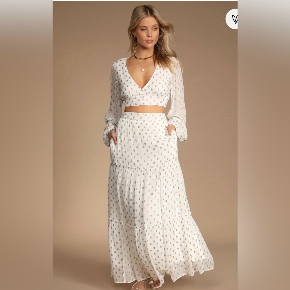 Lulus You Dot the Love White and Gold Two Piece Dress